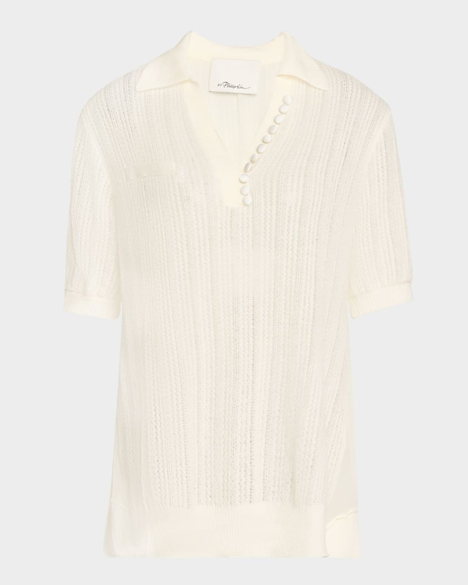 Airy Short-Sleeve Open-Knit Polo Top